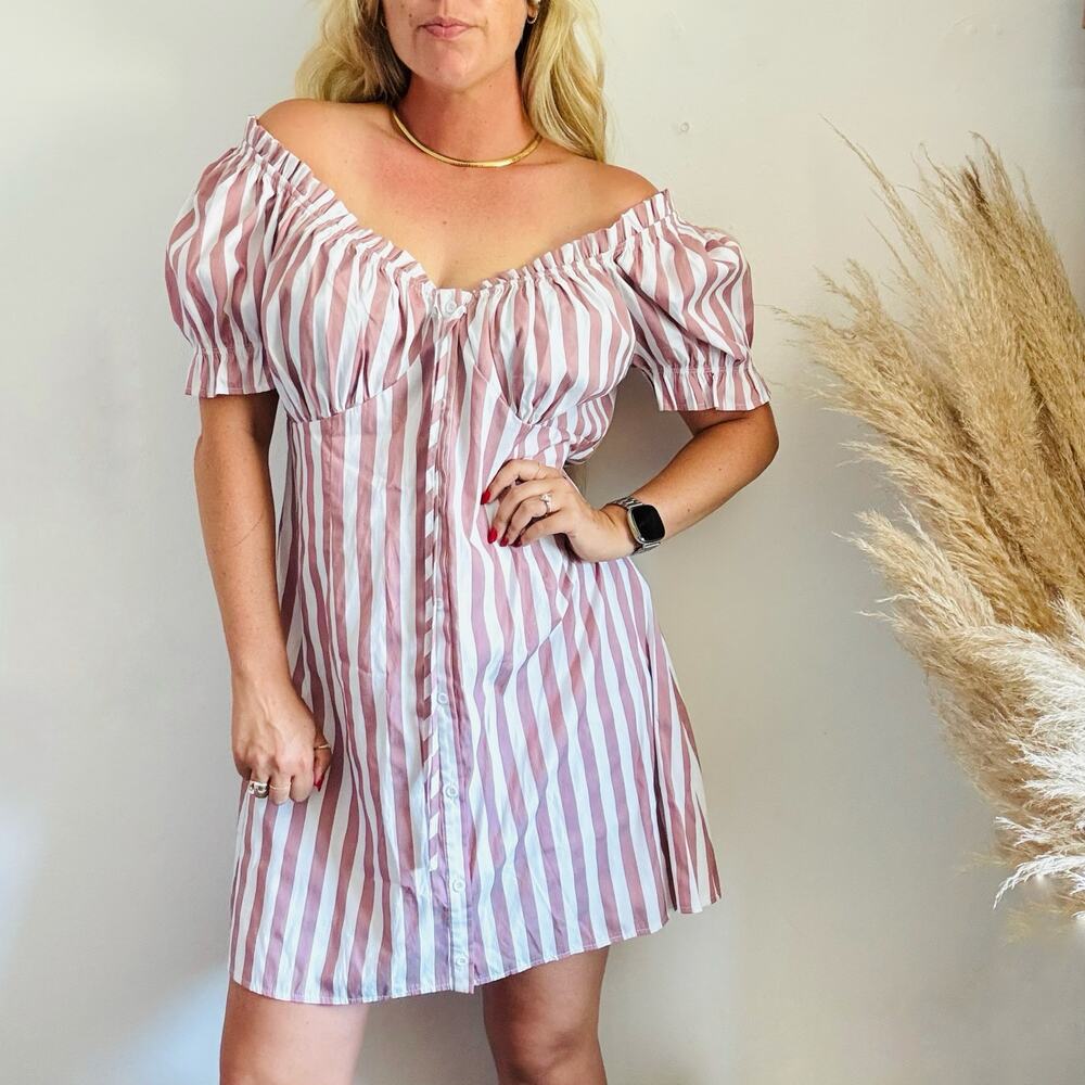 REVOLVE PRETTY LITTLE THING Pink Mauve White Stripe Button $130 Mini Dress XL